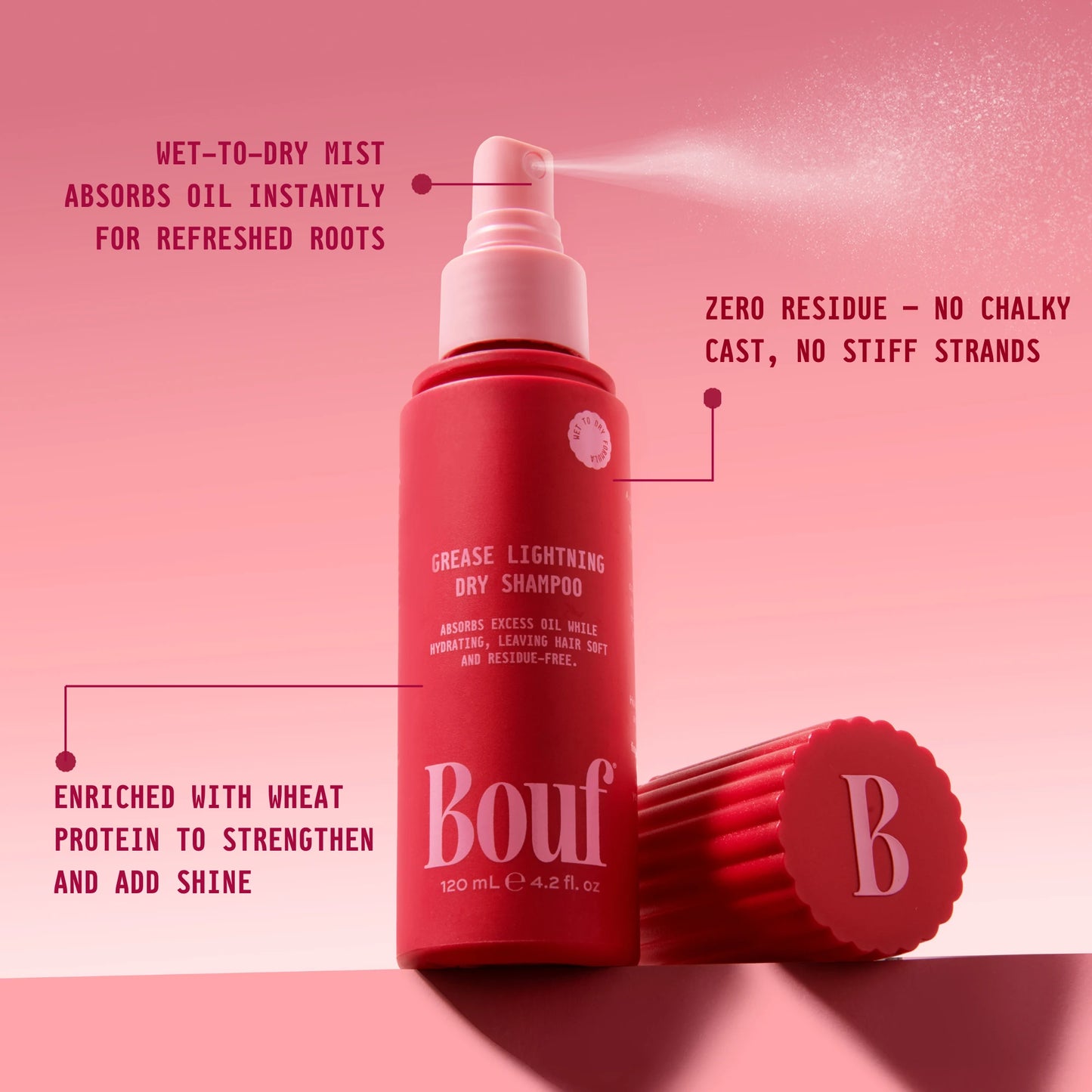 Bouf Grease Lightning Dry Shampoo in a red pump bottle with its cap placed beside it on a pink gradient background, surrounded by callout text describing product benefits.