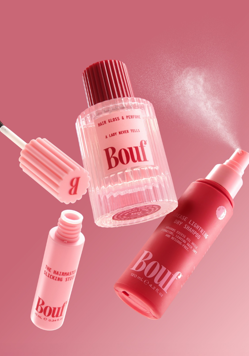Bouf hair styling products including slicking stick, dry shampoo and hair fragrance