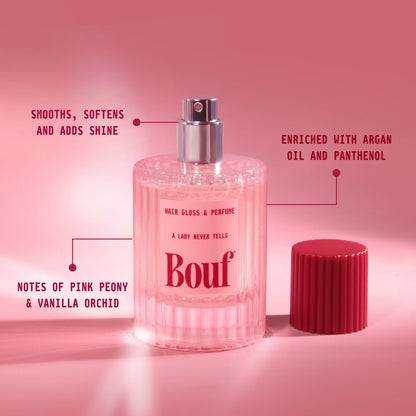 Bouf hair gloss and perfume bottle with text callouts describing its benefits, scent and ingredients.