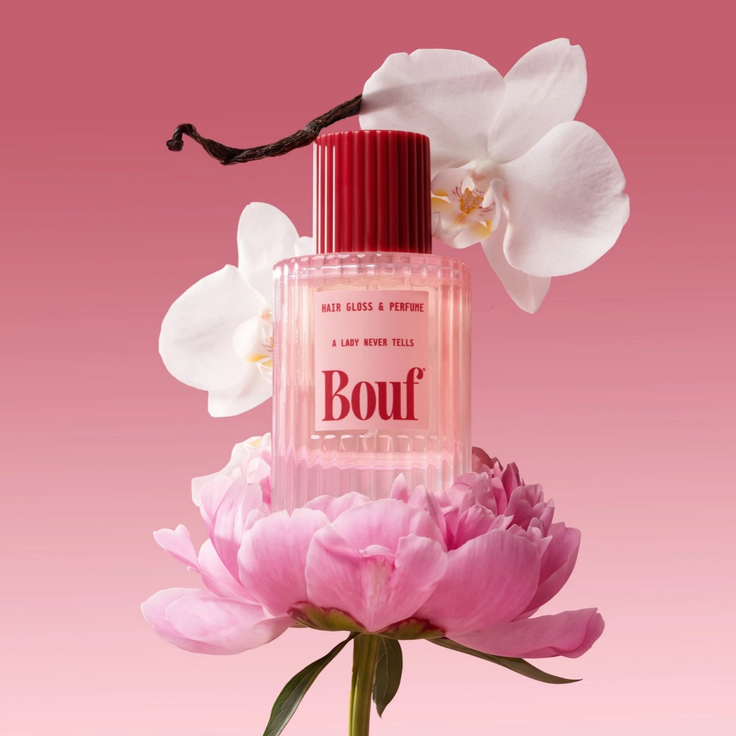 Bouf Hair Glass & Perfume bottle styled on a pink peony with white orchids and vanilla bean against a pink gradient background.
