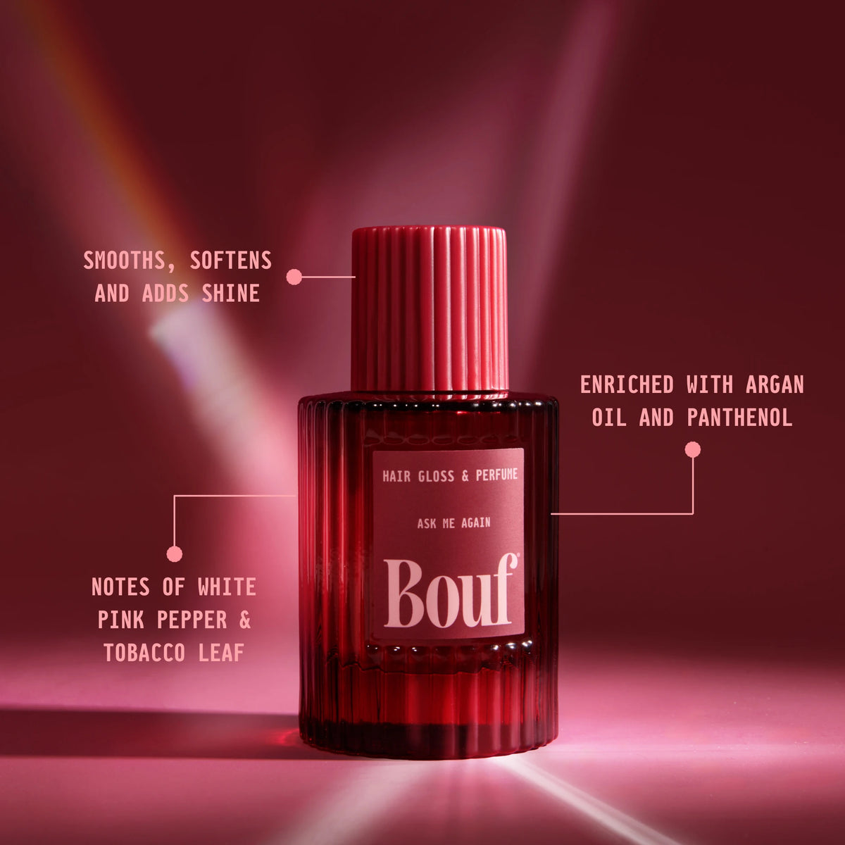 A bottle of Bouf Hair Gloss & Perfume shown on a dark red background with text callouts describing its benefits, scent and ingredients.
