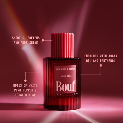 A bottle of Bouf Hair Gloss & Perfume shown on a dark red background with text callouts describing its benefits, scent and ingredients.