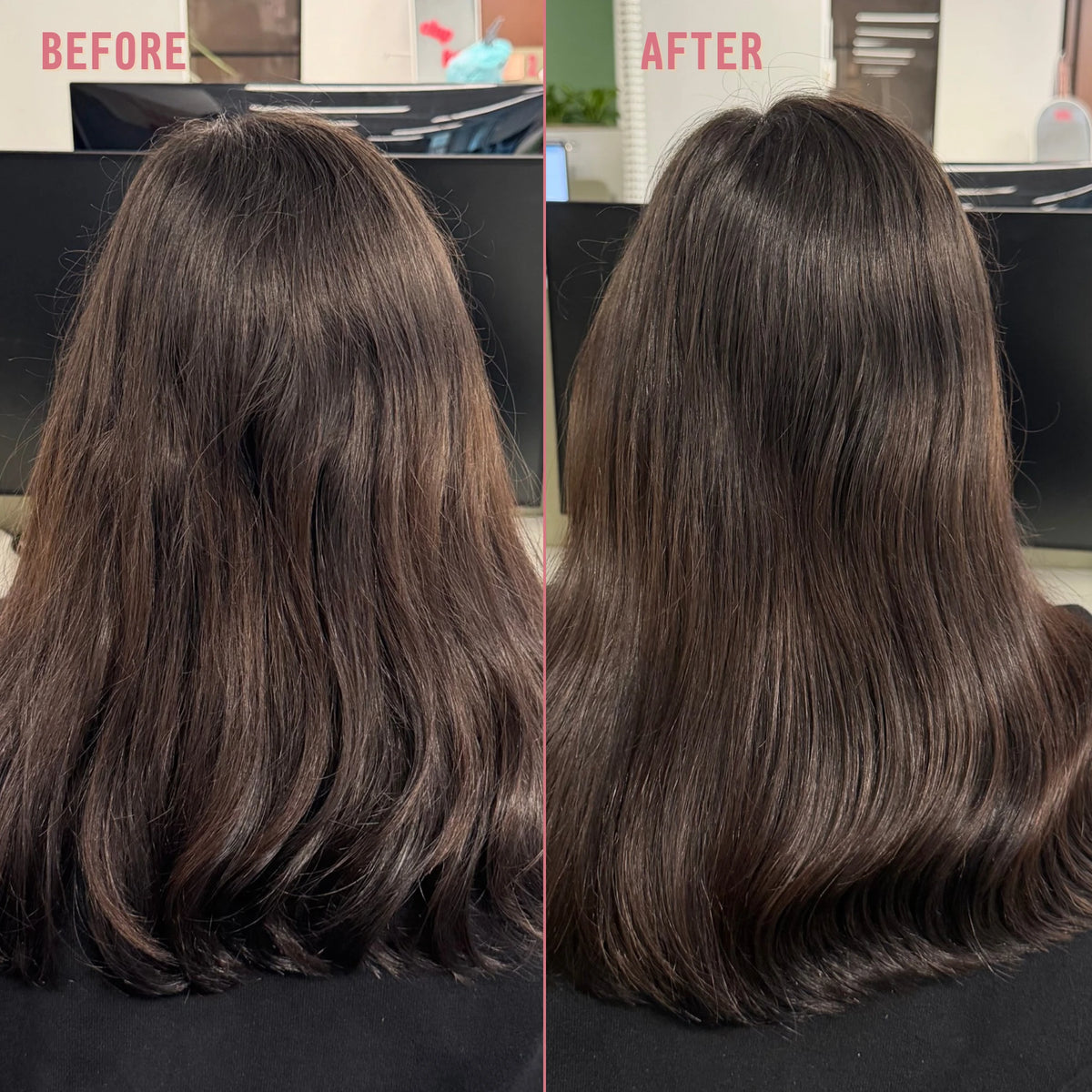 A side-by-side before and after comparison of a person's long dark brown hair, showing frizzy, uneven texture on the left and smooth, shiny hair on the right.