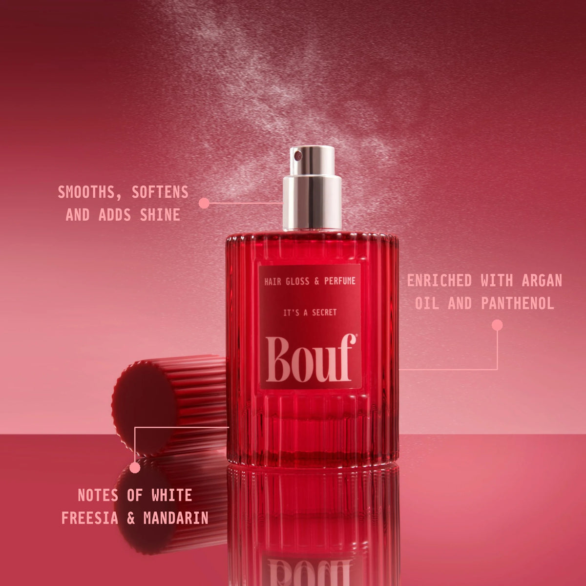 A red ribbed glass bottle of Bouf Hair Gloss & Perfume centered on a pink-red gradient background with callout text describing its benefits and scent notes.