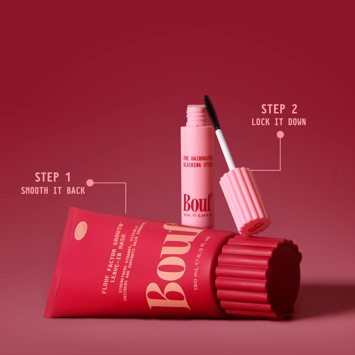 The Flouf Factor Growth Leave-In Mask and Hairmaster Slicking Stick on a red background, with step-by-step text: Step 1, smooth it back; Step 2, lock it down