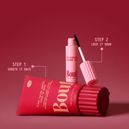 The Flouf Factor Growth Leave-In Mask and Hairmaster Slicking Stick on a red background, with step-by-step text: Step 1, smooth it back; Step 2, lock it down