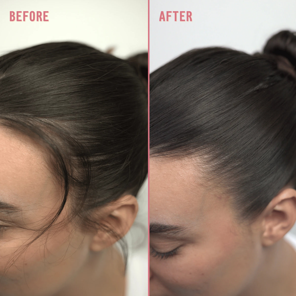Before-and-after comparison of a woman's front hairline: 'before' shows loose flyaways and baby hairs sticking up around the hairline; 'after' shows the same hairline smoothed and slicked down using the Hairmaster Slicking Stick
