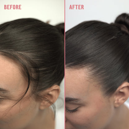 Before-and-after comparison of a woman's front hairline: 'before' shows loose flyaways and baby hairs sticking up around the hairline; 'after' shows the same hairline smoothed and slicked down using the Hairmaster Slicking Stick