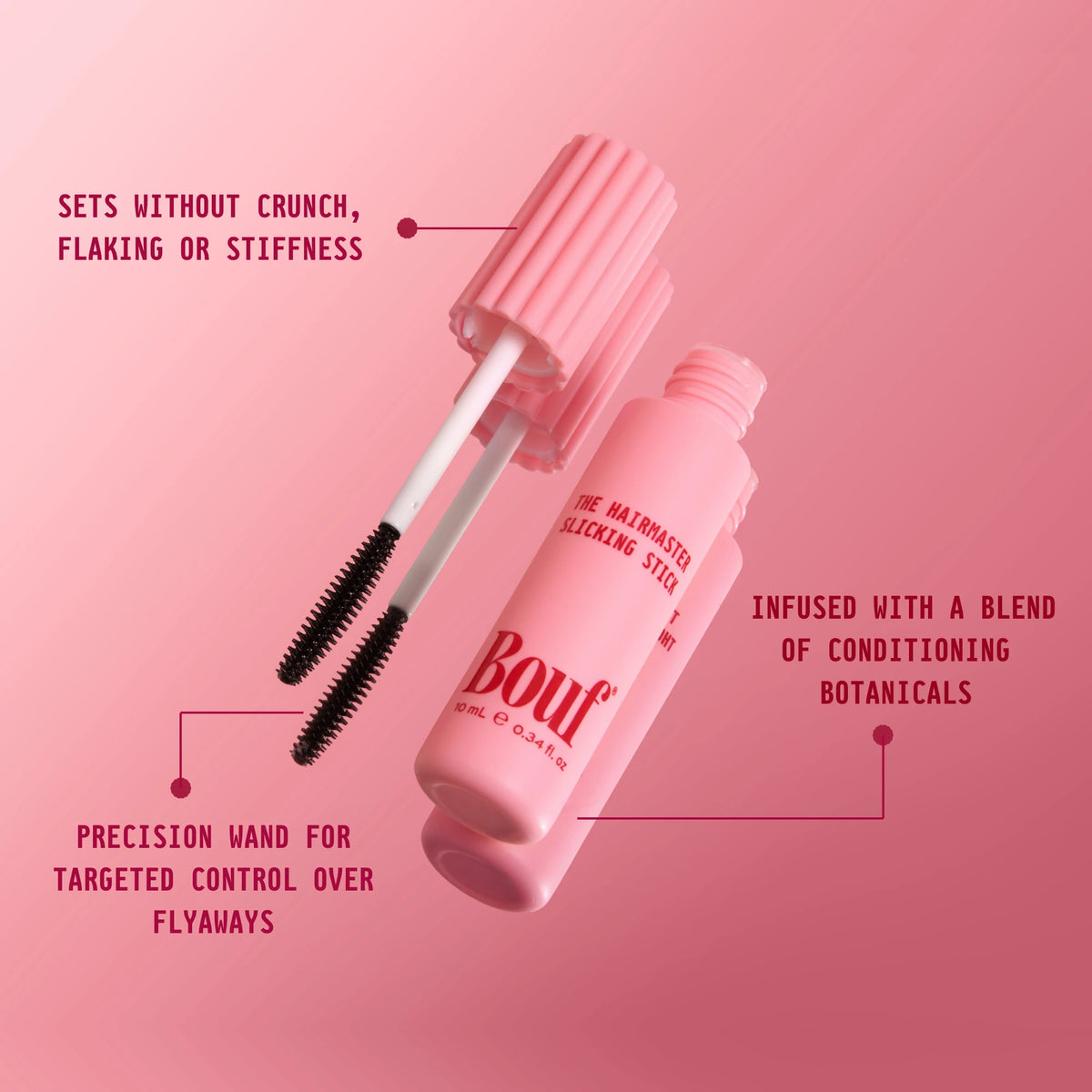 The Hairmaster Slicking Stick applicator wand and bottle on a pink gradient background, with callouts: sets without crunch, flaking or stiffness; precision wand for targeted control over flyaways; infused with a blend of conditioning botanicals.